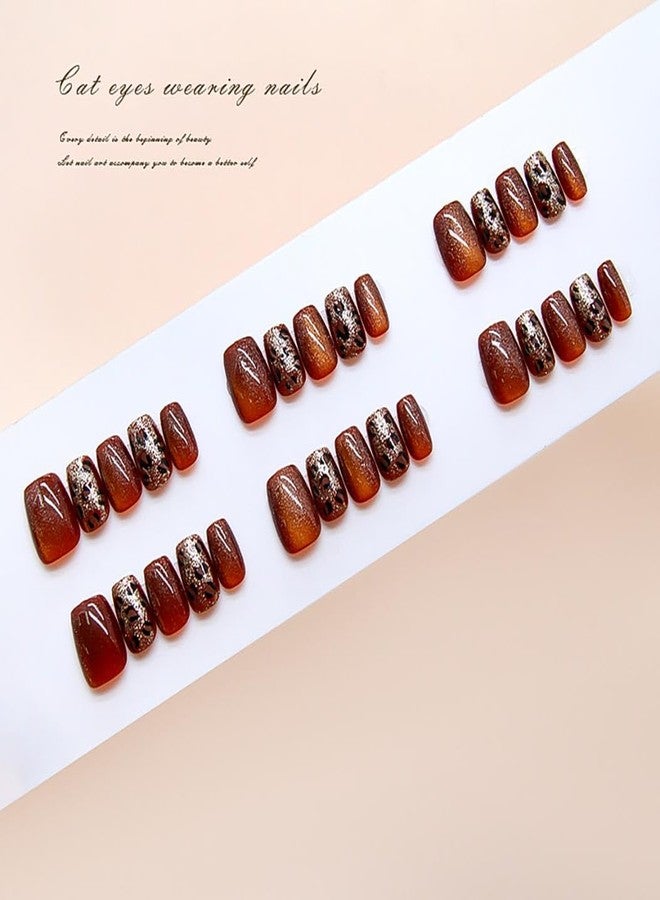 RikView Square Press on Nails Medium Fake Nails with Cat Eye Finish Caramel Nails Glossy Full Cover Nails for Women 15 Sizes - 30 PCs/Set - Image 4